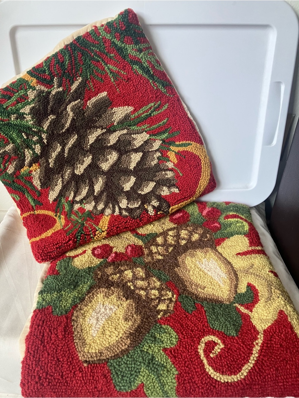Grandin Road 16x16 Hooked Wool Pillow Covers Pair 2 Rustic Cabin Christmas Fall.